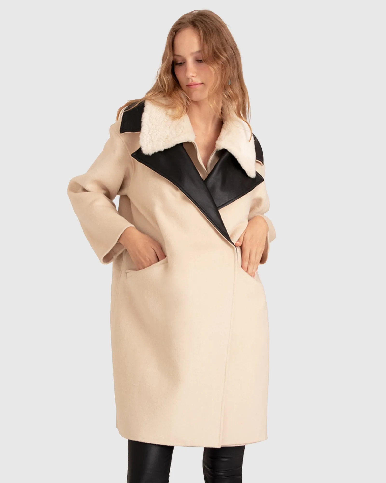 Watch Me Go Oversized Leather Trimmed Coat