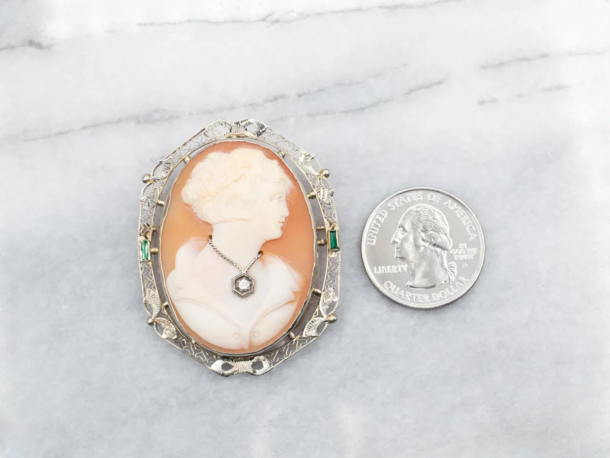 White Gold Cameo, Diamond, and Green Glass Brooch or Pendant